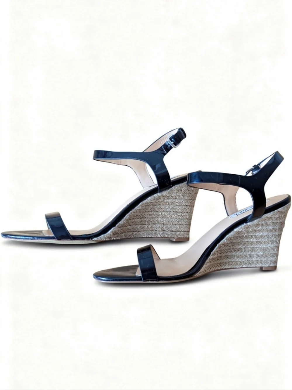 Badgley Mischka Black Patent Leather Espadrille Wedge Sandals Size 8.5